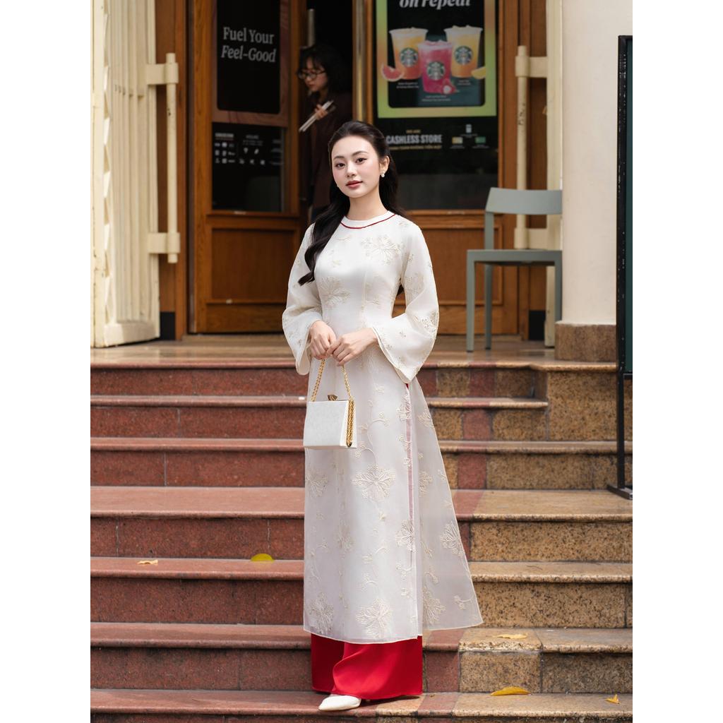 Áo dài AD257 QD001 cách tân 4 tà phối cổ tròn tay rộng tà lỡ