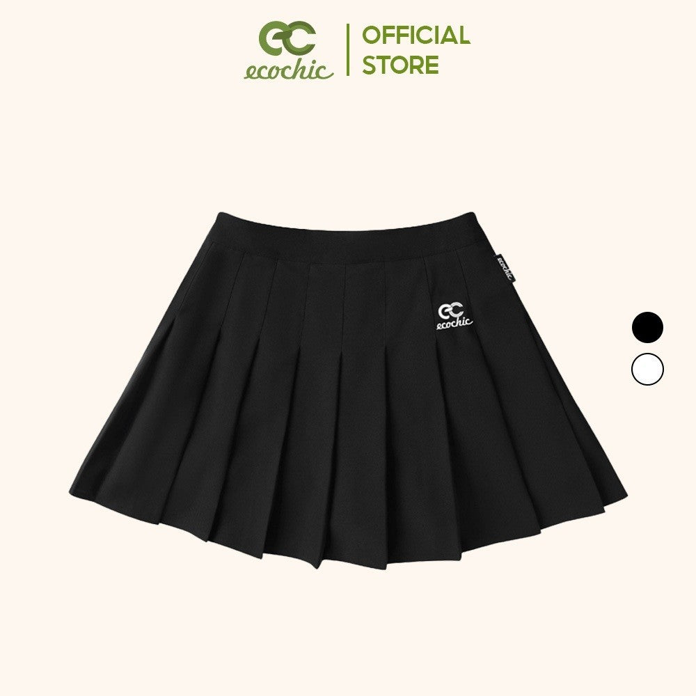 ECOCHIC Short Flared Pleated Skirt Basic Logo Embroidered High Quality Material Black and White F204
