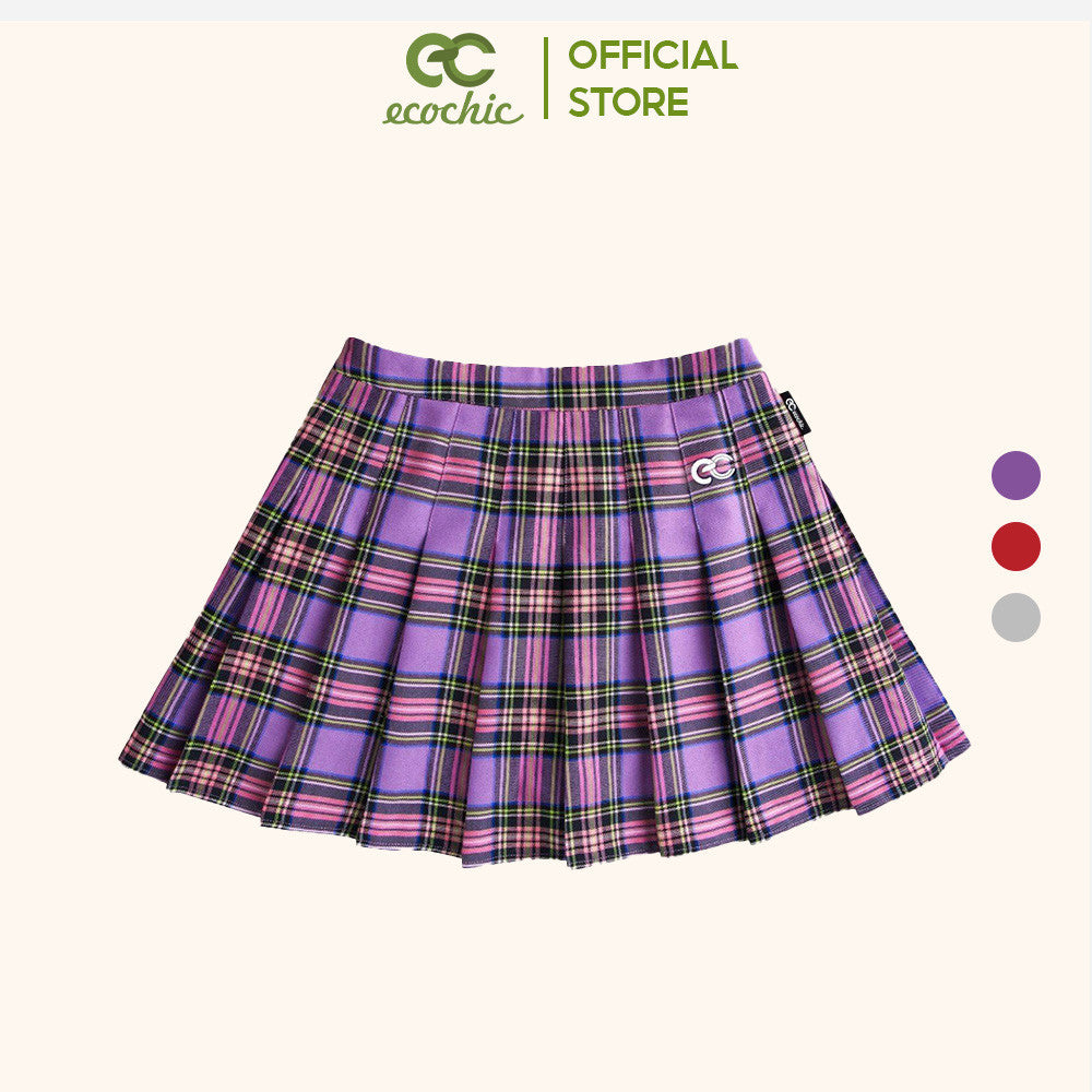 ECOCHIC TARTAN SKIRT Short Pleated Skirt with Purple and Red Brocade Pattern F135