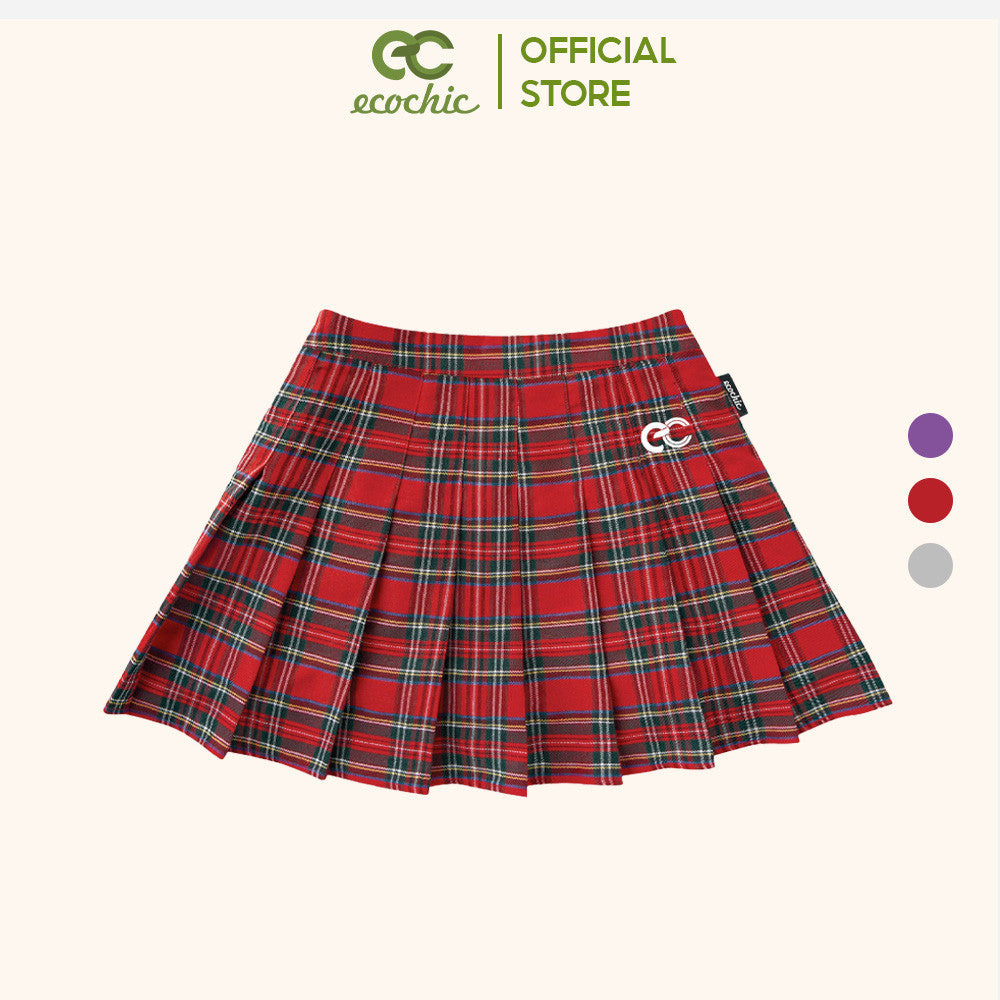 ECOCHIC TARTAN SKIRT Short Pleated Skirt with Purple and Red Brocade Pattern F135