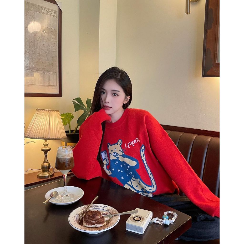 Levents "My Animals" Series Panther/ Red Wool Sweater Unisex Oversized Wool Sweater