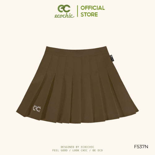 ECOCHIC Short Flared Pleated Skirt Logo Metal Tag Pink Gray Brown Black White F537
