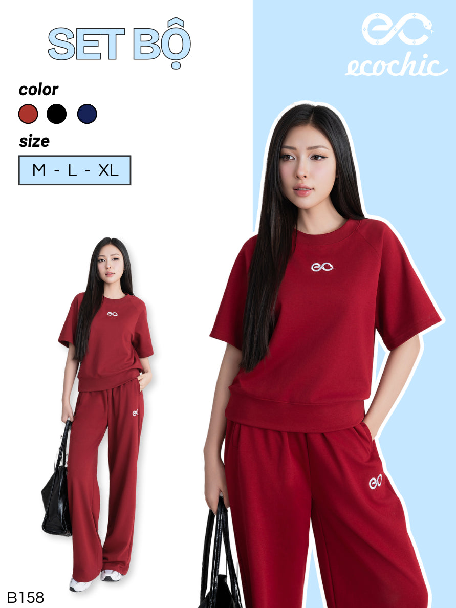 Set Bộ ECOCHIC NEW LOGO Áo Crop Bo Gấu Quần Dài Cạp Cao Logo Thêu New 2025 EC Cao Cấp Chính Hãng Chống Nhăn B158