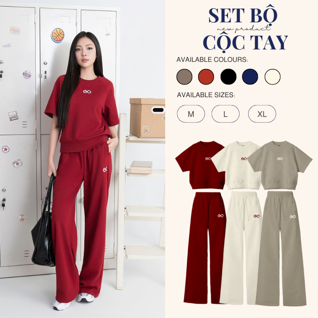 Set Bộ ECOCHIC NEW LOGO Áo Crop Bo Gấu Quần Dài Cạp Cao Logo Thêu New 2025 EC Cao Cấp Chính Hãng Chống Nhăn B158