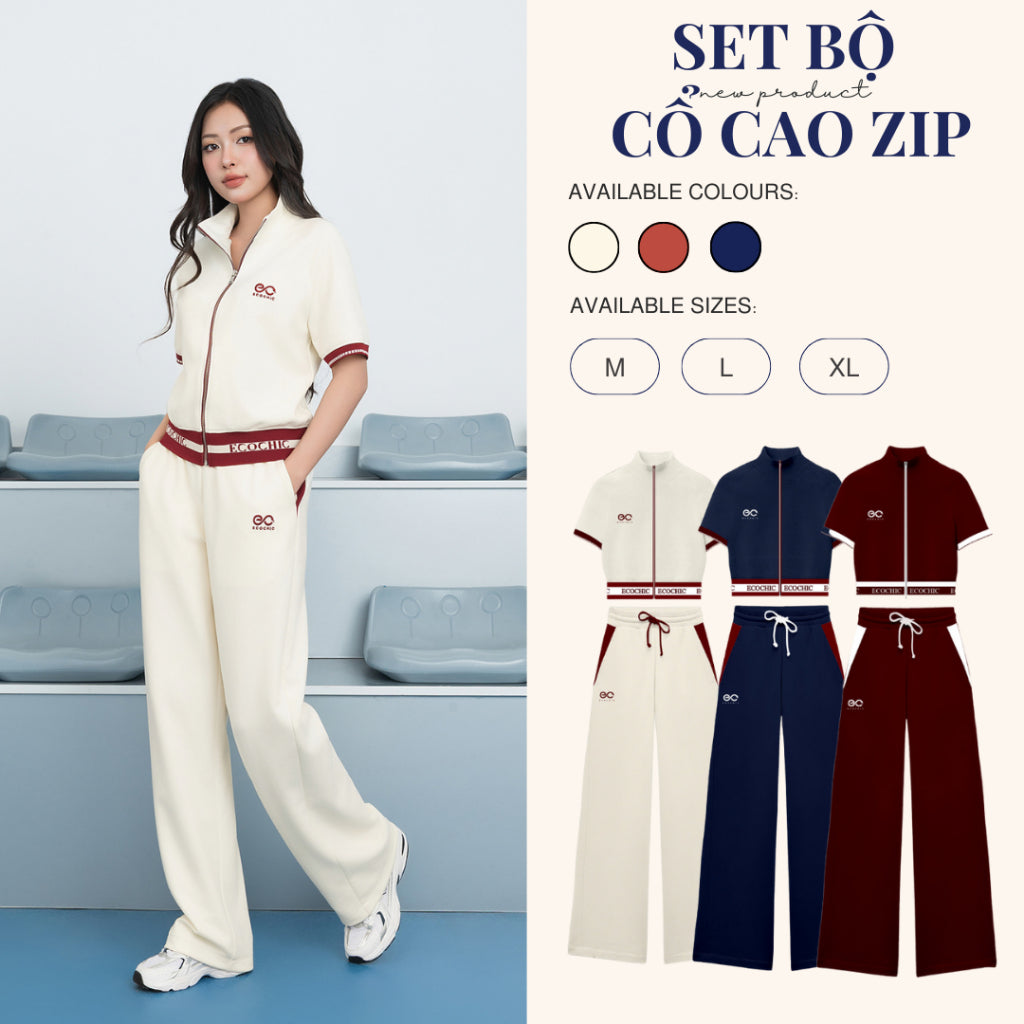 Set Bộ ECOCHIC Áo Cổ Cao Kéo Khóa Quần Dài Cạp Cao Phối Logo EC Cao Cấp Chính Hãng ECC ON THE GO B154
