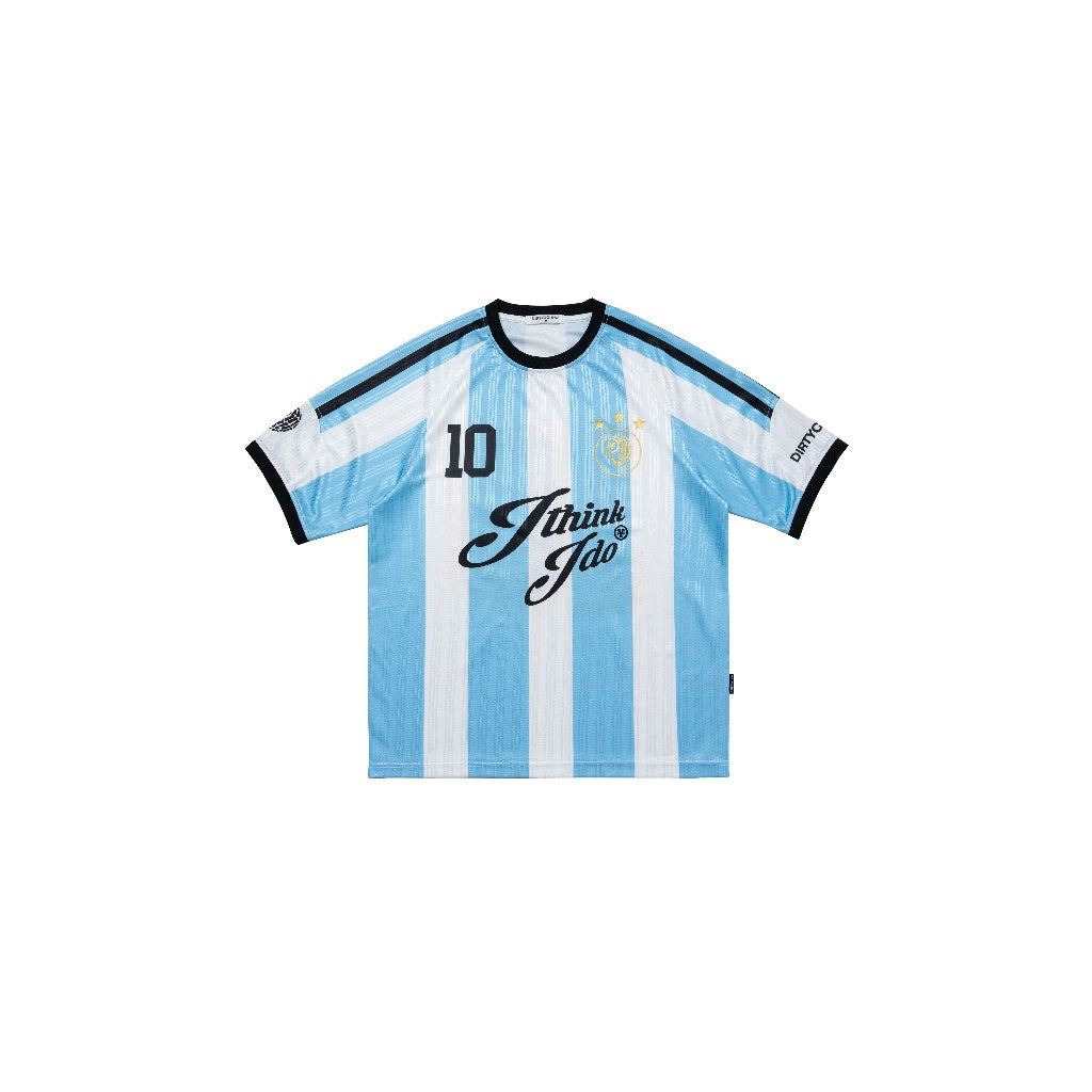 DirtyCoins Soccer Jersey Striped Baby Blue White T-Shirt