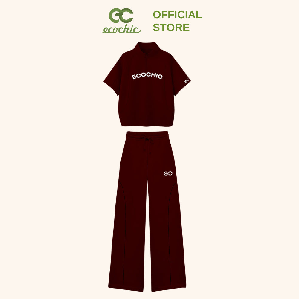 Set ECOCHIC FRERCE WINK SET High-Neck Half-Zip Short Sleeve Shirt High-Waisted Pants with EC Logo High-Quality Genuine B142