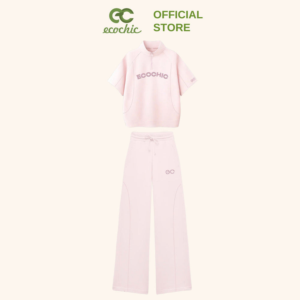Set ECOCHIC FRERCE WINK SET High-Neck Half-Zip Short Sleeve Shirt High-Waisted Pants with EC Logo High-Quality Genuine B142