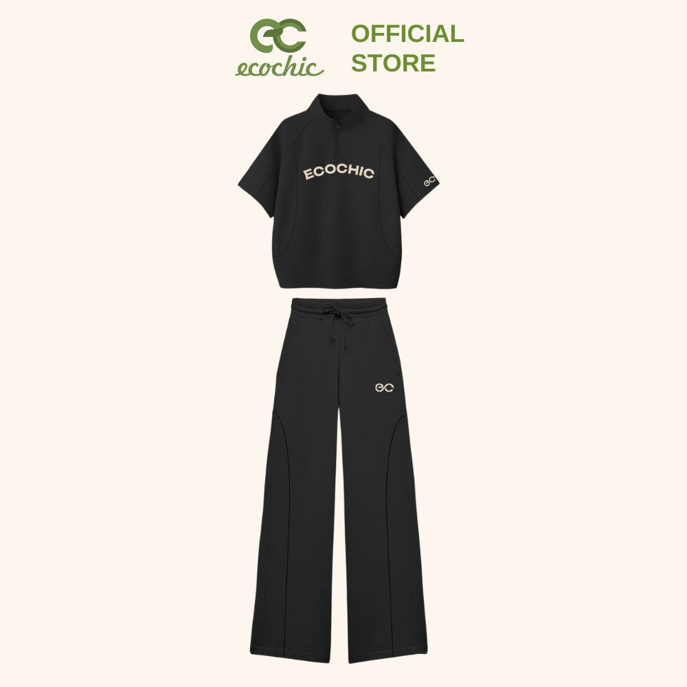 Set ECOCHIC FRERCE WINK SET High-Neck Half-Zip Short Sleeve Shirt High-Waisted Pants with EC Logo High-Quality Genuine B142