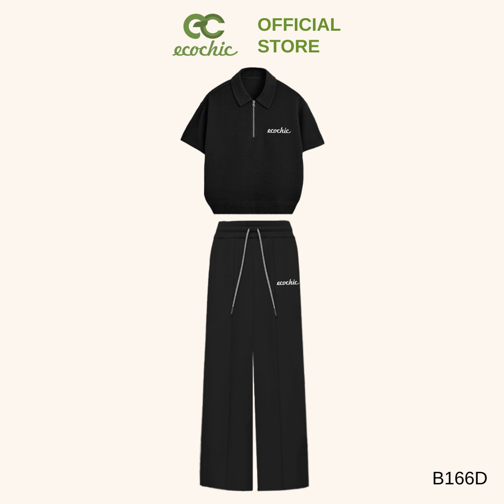 ECOCHIC Polo Set Zip Up Polo Shirt High Waisted Pants Embroidered Letters Genuine High Quality Material B166