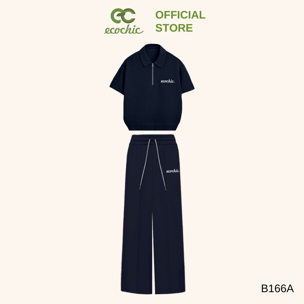 ECOCHIC Polo Set Zip Up Polo Shirt High Waisted Pants Embroidered Letters Genuine High Quality Material B166