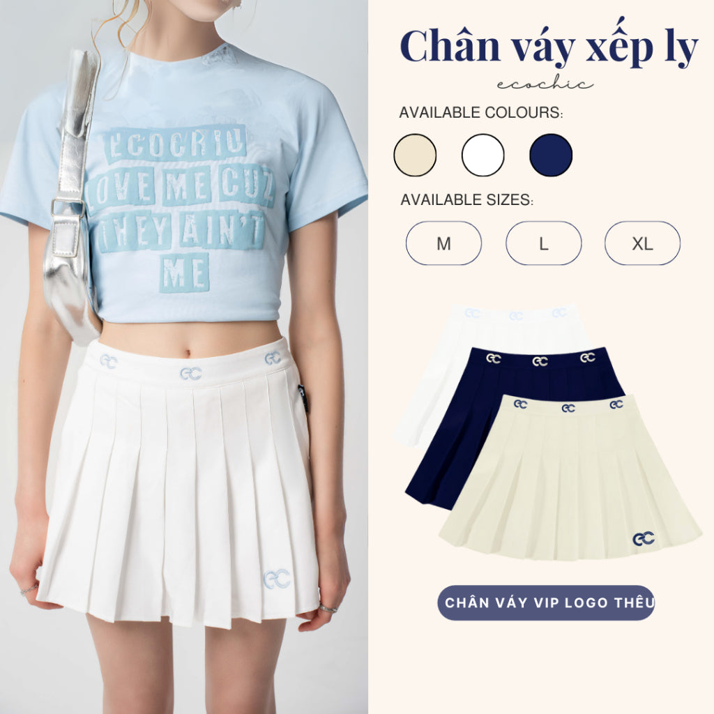 Chân Váy Xếp Li Nữ Ngắn Dáng Xoè ECOCHIC LUX SKIRT ESSENTIALS Logo Thêu Local Brand Màu Than Trắng Be B037