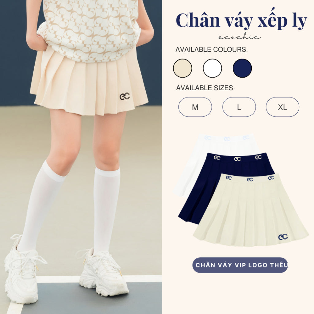 Chân Váy Xếp Li Nữ Ngắn Dáng Xoè ECOCHIC LUX SKIRT ESSENTIALS Logo Thêu Local Brand Màu Than Trắng Be B037