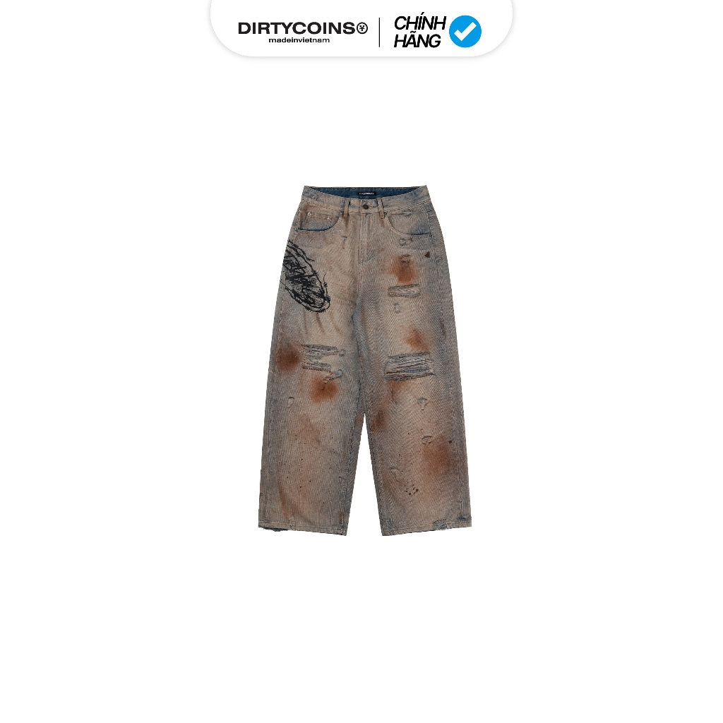 DirtyCoins Denim Pants Stain Distress Faded Blue