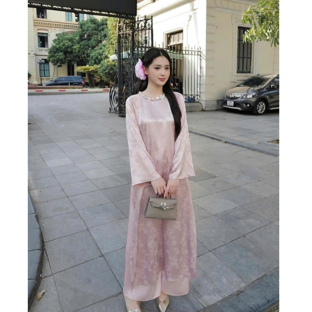 AVAILABLE - Silk Brocade Ao Dai, Loose Fit, Flared Sleeves, Hand-Embellished Collar - Authentic Moc An Ao Dai