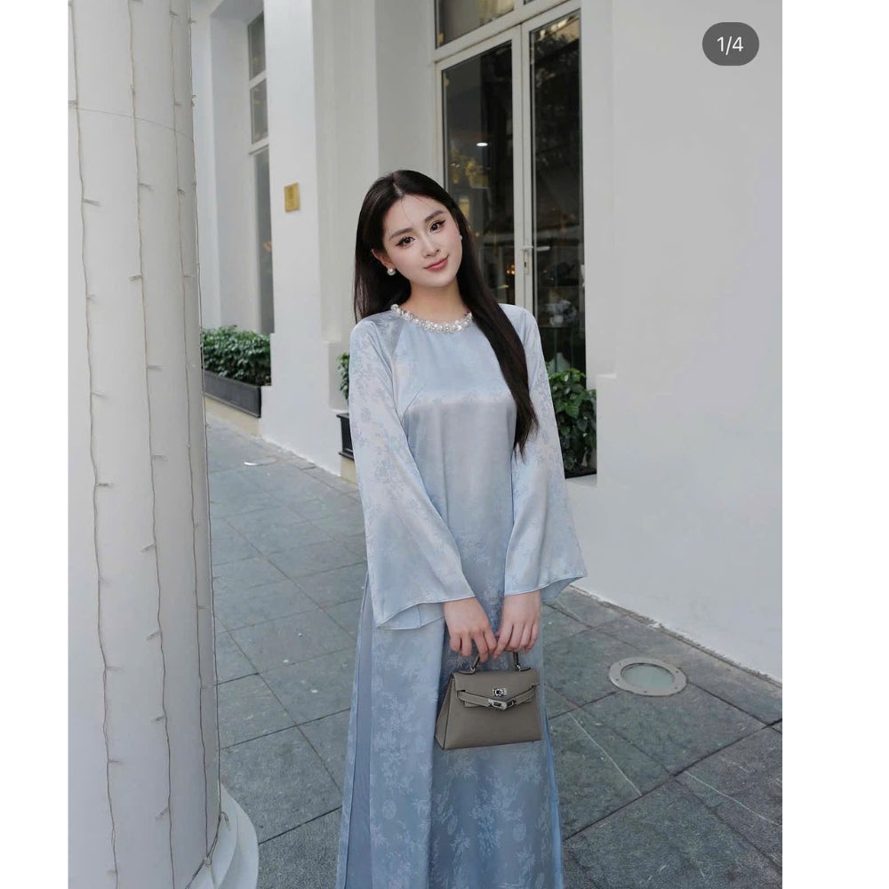 AVAILABLE - Silk Brocade Ao Dai, Loose Fit, Flared Sleeves, Hand-Embellished Collar - Authentic Moc An Ao Dai