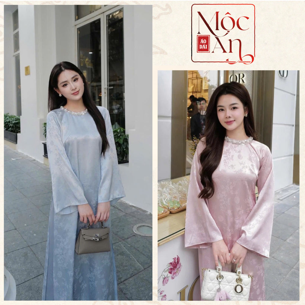 AVAILABLE - Silk Brocade Ao Dai, Loose Fit, Flared Sleeves, Hand-Embellished Collar - Authentic Moc An Ao Dai