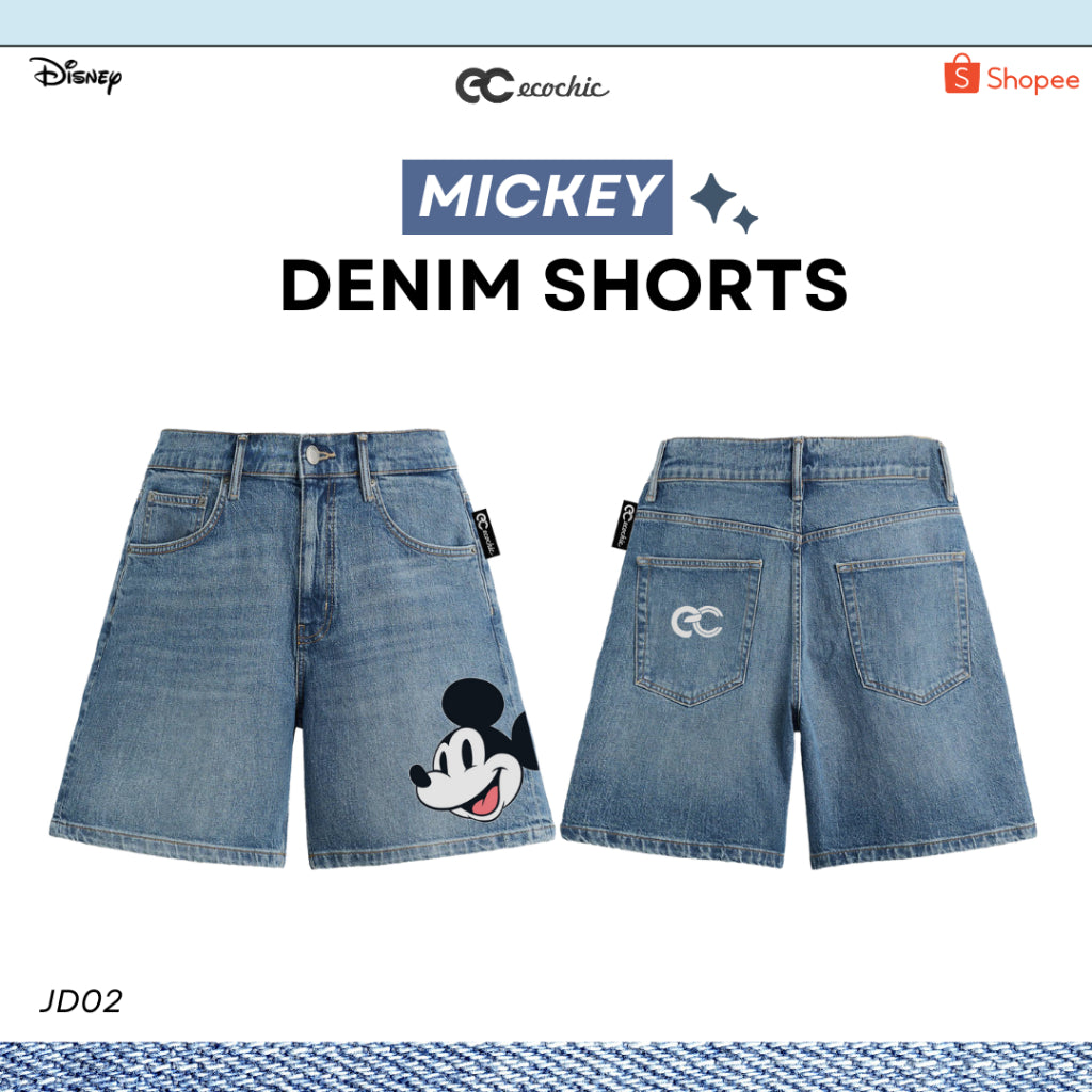 ECOCHIC MICKEY Jeans Denim Shorts for Men and Women, High Quality Faded Color, Genuine Disney Copyright JD02
