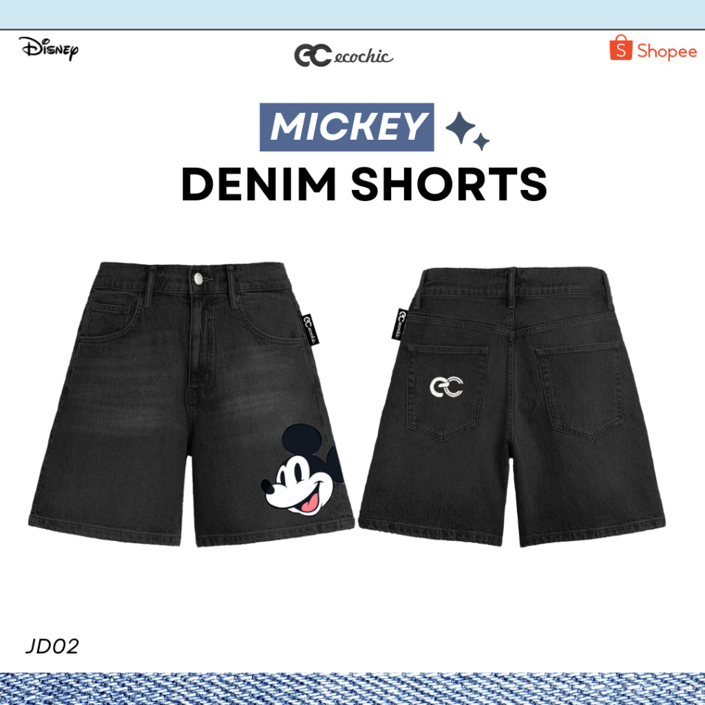 ECOCHIC MICKEY Jeans Denim Shorts for Men and Women, High Quality Faded Color, Genuine Disney Copyright JD02