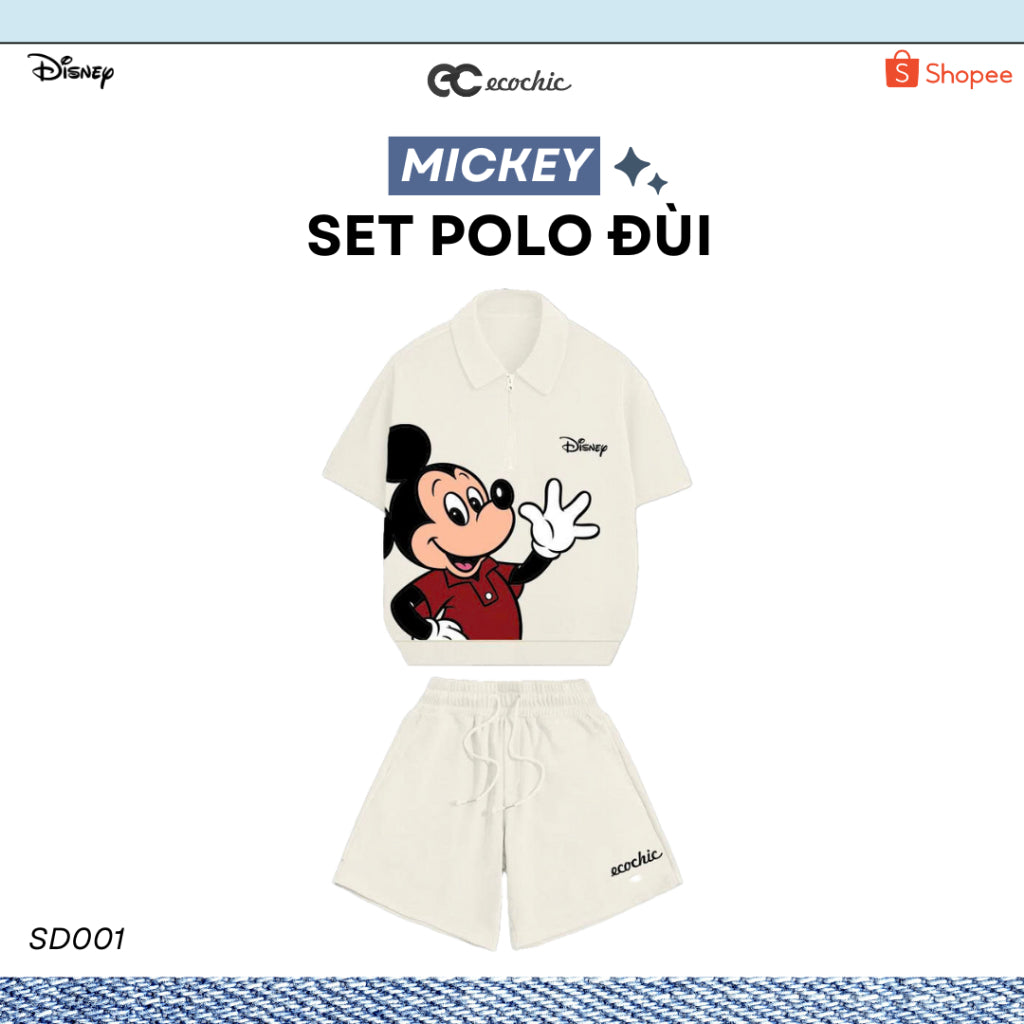 ECOCHIC MICKEY SAY HI Pants Set Halfzip Polo Shirt High Waisted Shorts High Quality Soft Genuine Material SD001