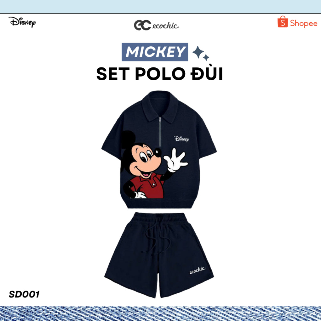 ECOCHIC MICKEY SAY HI Pants Set Halfzip Polo Shirt High Waisted Shorts High Quality Soft Genuine Material SD001