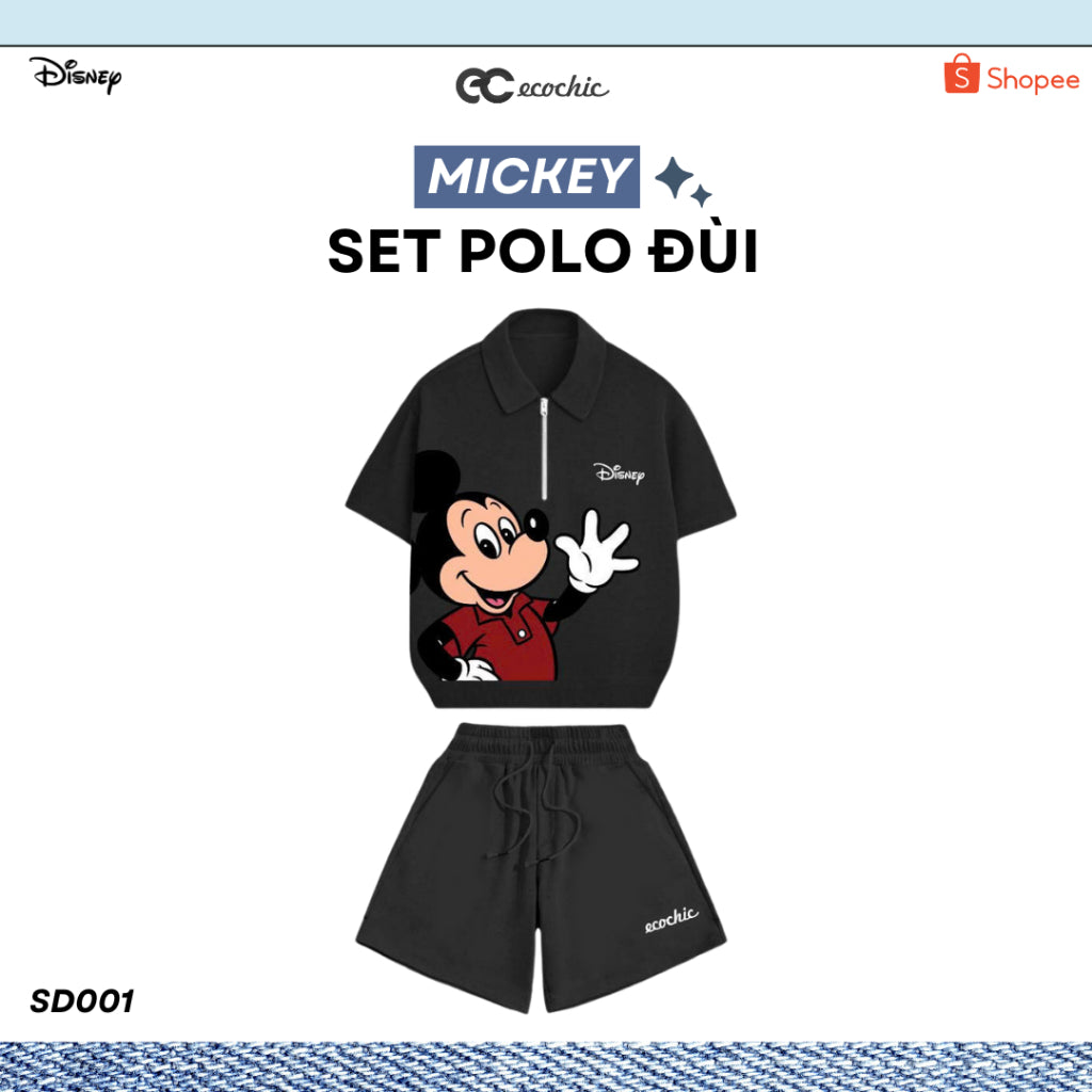 ECOCHIC MICKEY SAY HI Pants Set Halfzip Polo Shirt High Waisted Shorts High Quality Soft Genuine Material SD001