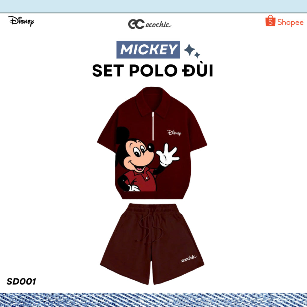 ECOCHIC MICKEY SAY HI Pants Set Halfzip Polo Shirt High Waisted Shorts High Quality Soft Genuine Material SD001