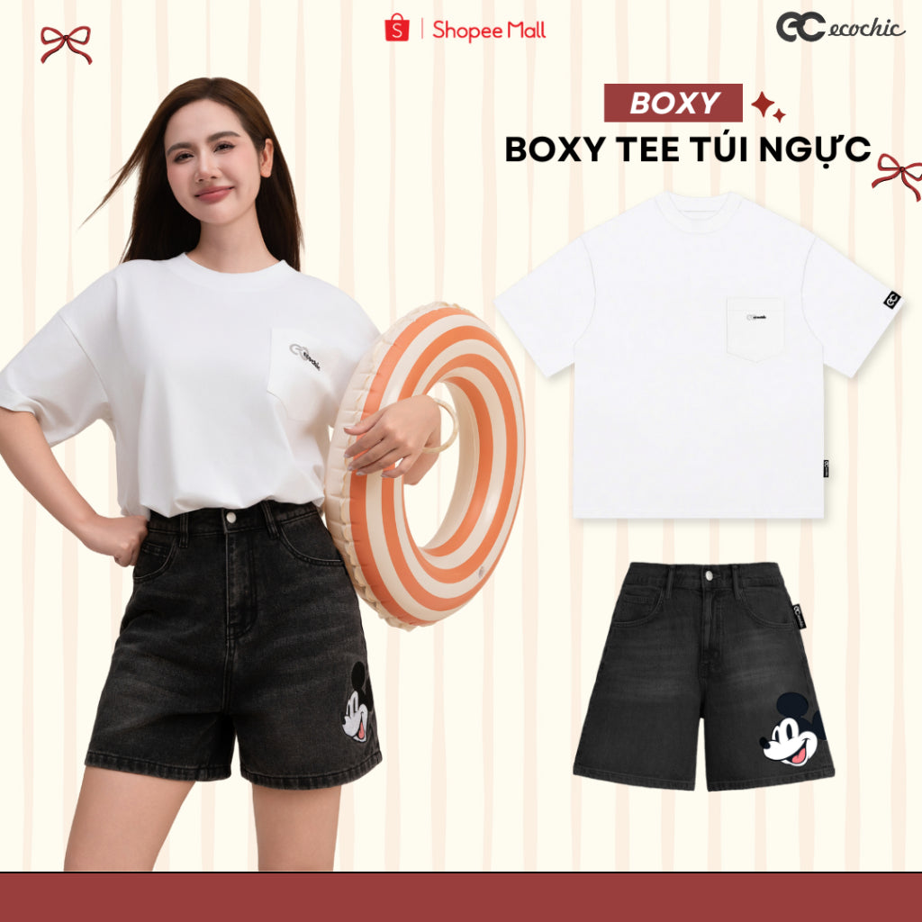 Áo Phông Boxy ECOCHIC TRI ÂN Form Boxy Rộng Nam Nữ Có Túi Ngực Cotton 2 Chiều Basic Dễ Phối Đồ Chính Hãng B176