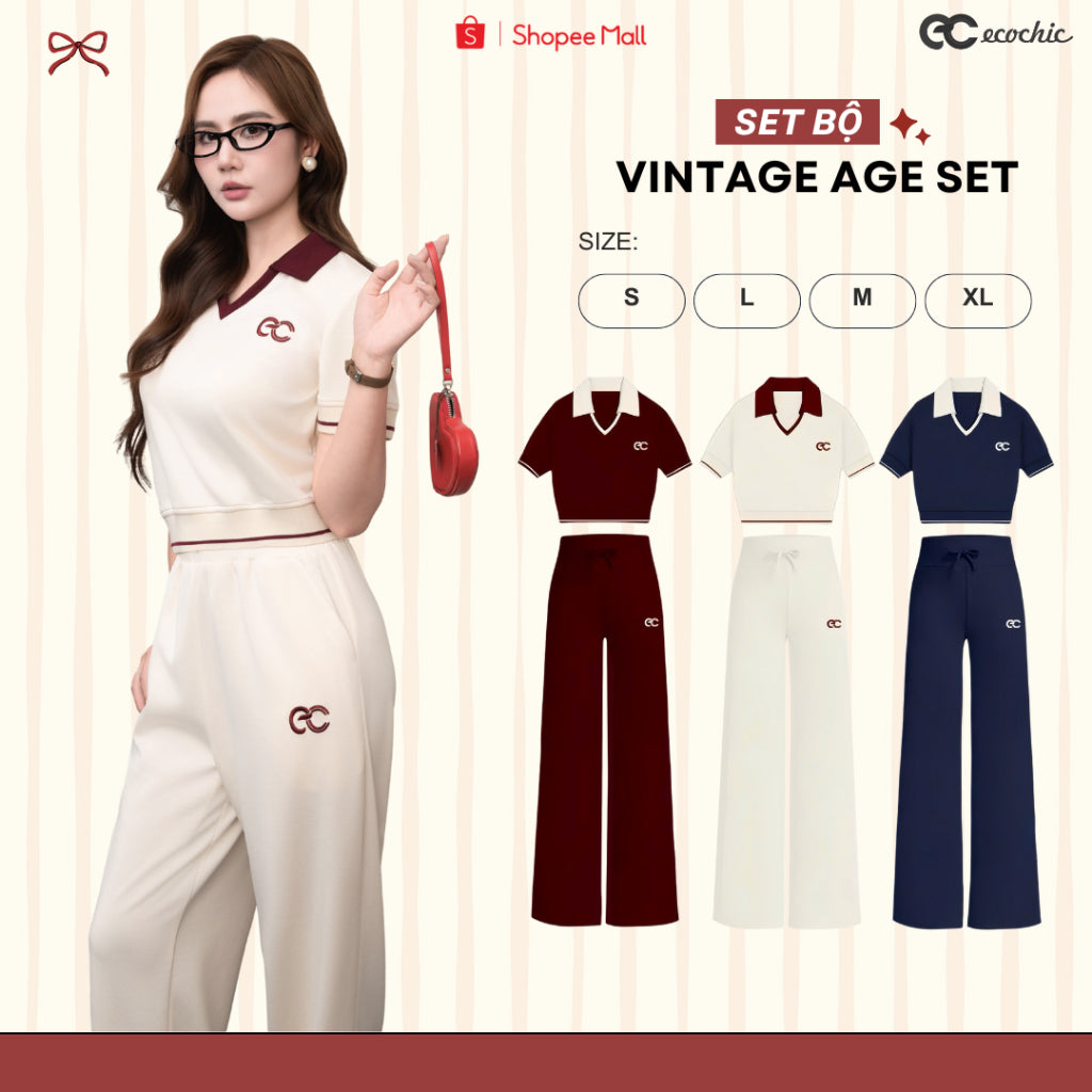 Set Bộ ECOCHIC VINTAGE AGE Áo Croptop Cổ V Polo Quần Ống Suông Cạp Cao Chất Liệu Cao Cấp Mềm Mịn Chính Hãng B177