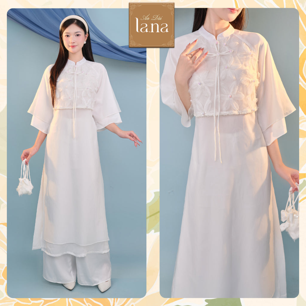 Bach Yen designed ao dai made of 3D floral silk combined with pearl silk, straight fit, half sleeves and pockets – SD267 LANA DESIGN