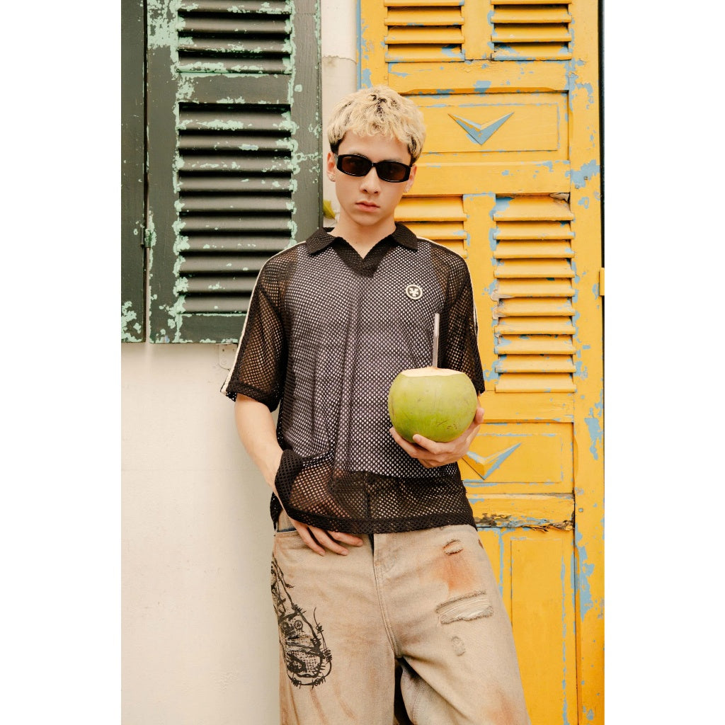 DirtyCoins Polo "Y" Crochet Patch T-Shirt - Black