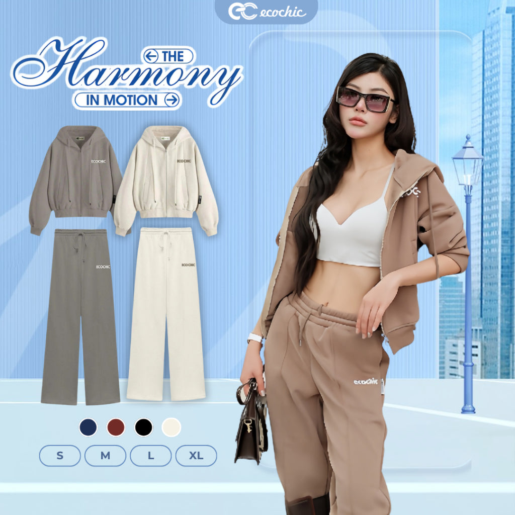 Ecocchic Fleece Lined Hoodie Set with Wide-Leg Pants - Premium Authentic B218