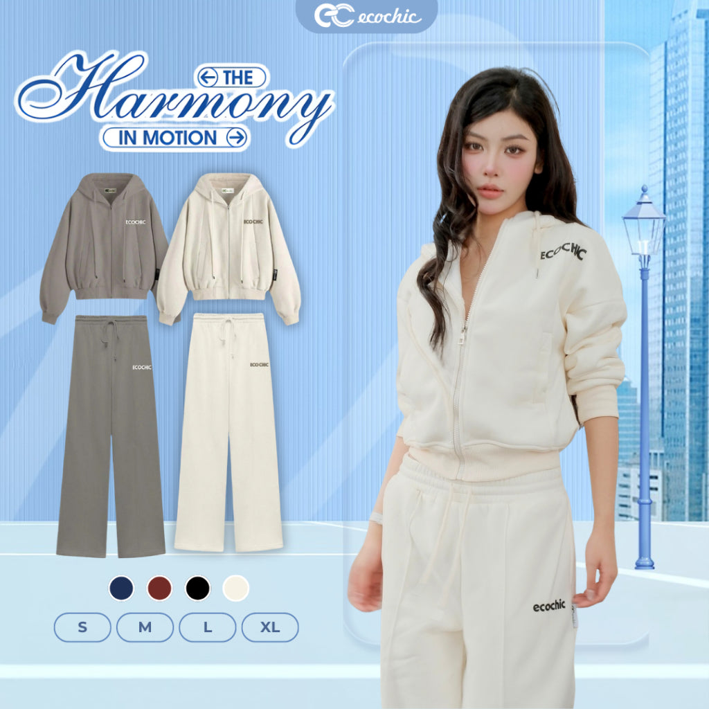Ecocchic Fleece Lined Hoodie Set with Wide-Leg Pants - Premium Authentic B218