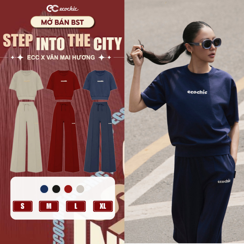 Set Bộ Ecochic Áo Ngắn Tay Cổ Tròn Logo Thêu Quần Suông Chất Liệu Cao Cấp Chính Hãng B225