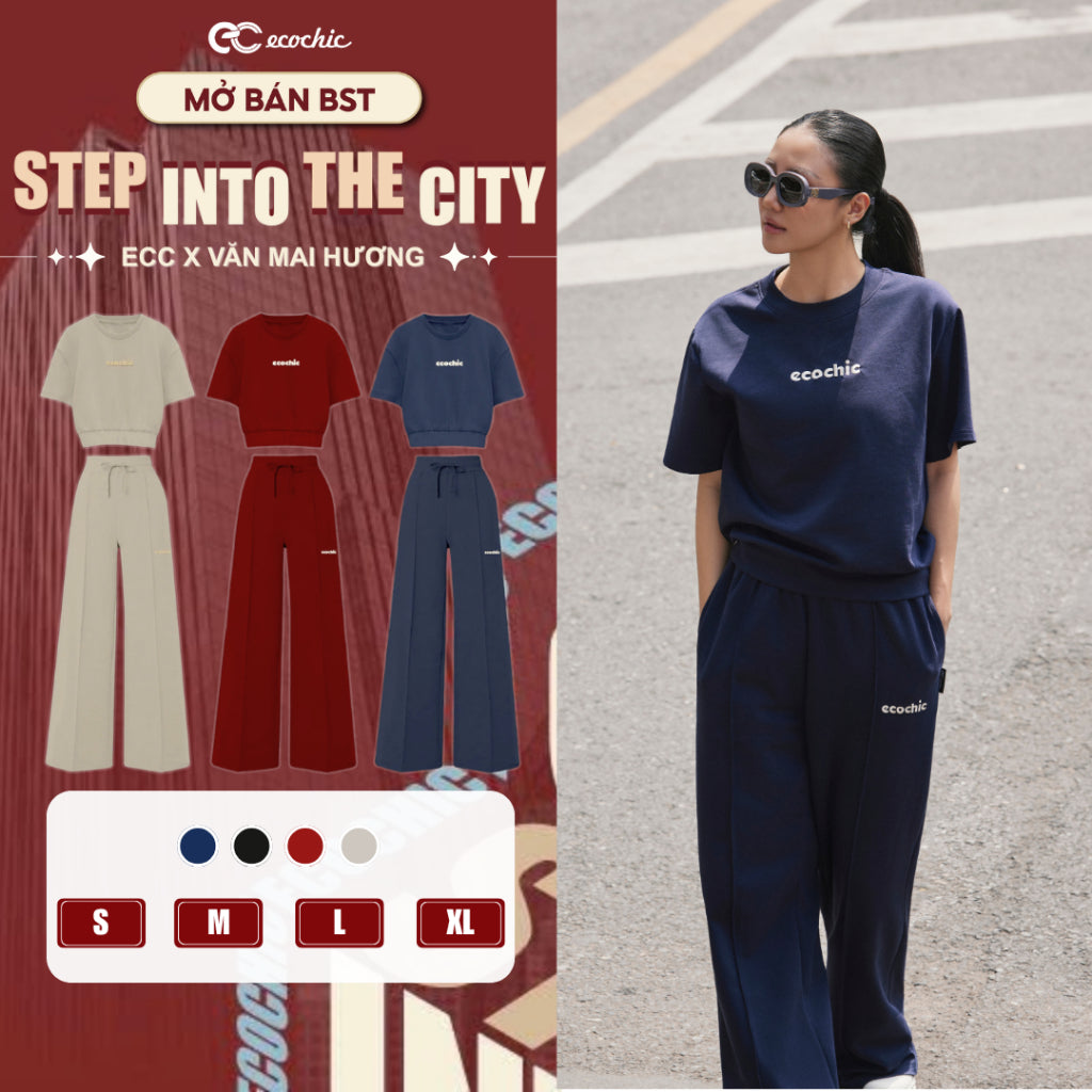 Set Bộ Ecochic Áo Ngắn Tay Cổ Tròn Logo Thêu Quần Suông Chất Liệu Cao Cấp Chính Hãng B225