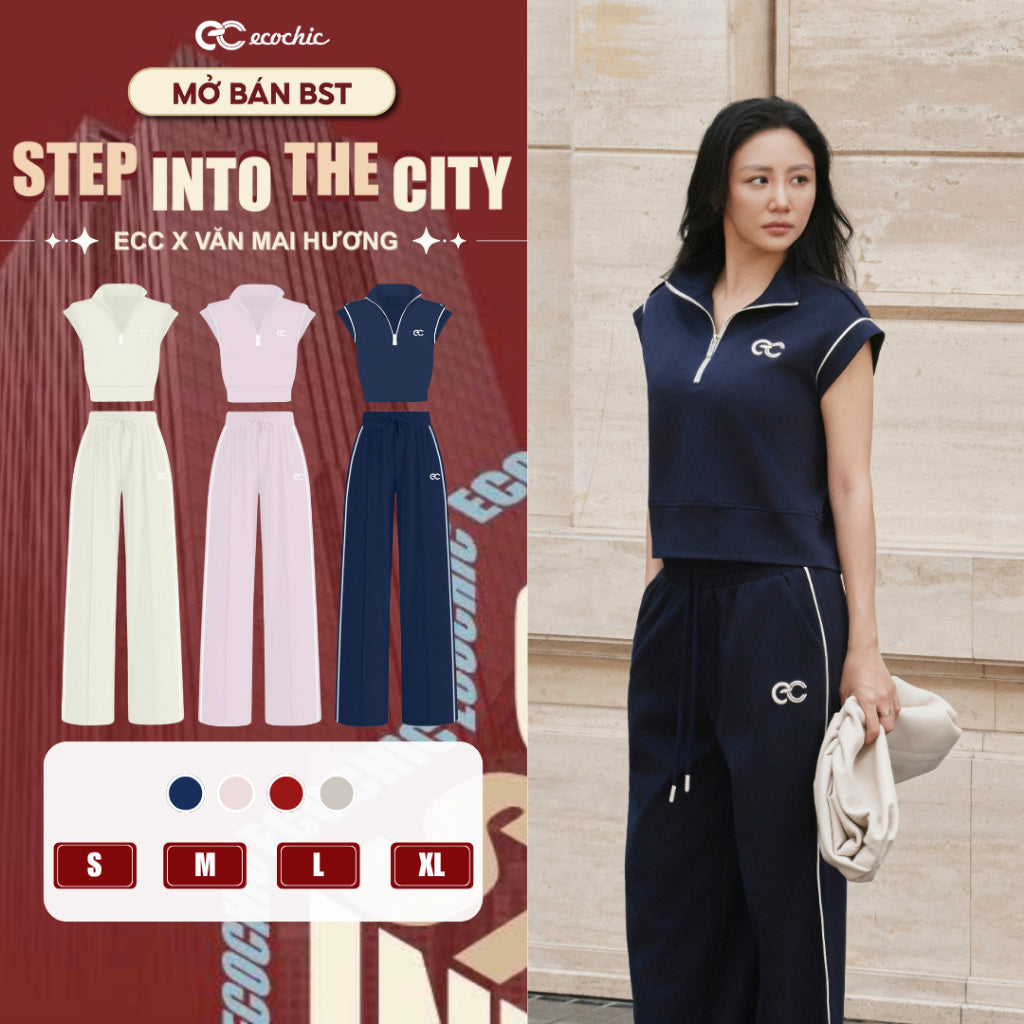 ECOCHIC Sleeveless Top and Wide-Leg Pants Set with Half-Zip Neckline, Embroidered Logo, and Premium Fabric - Genuine B229