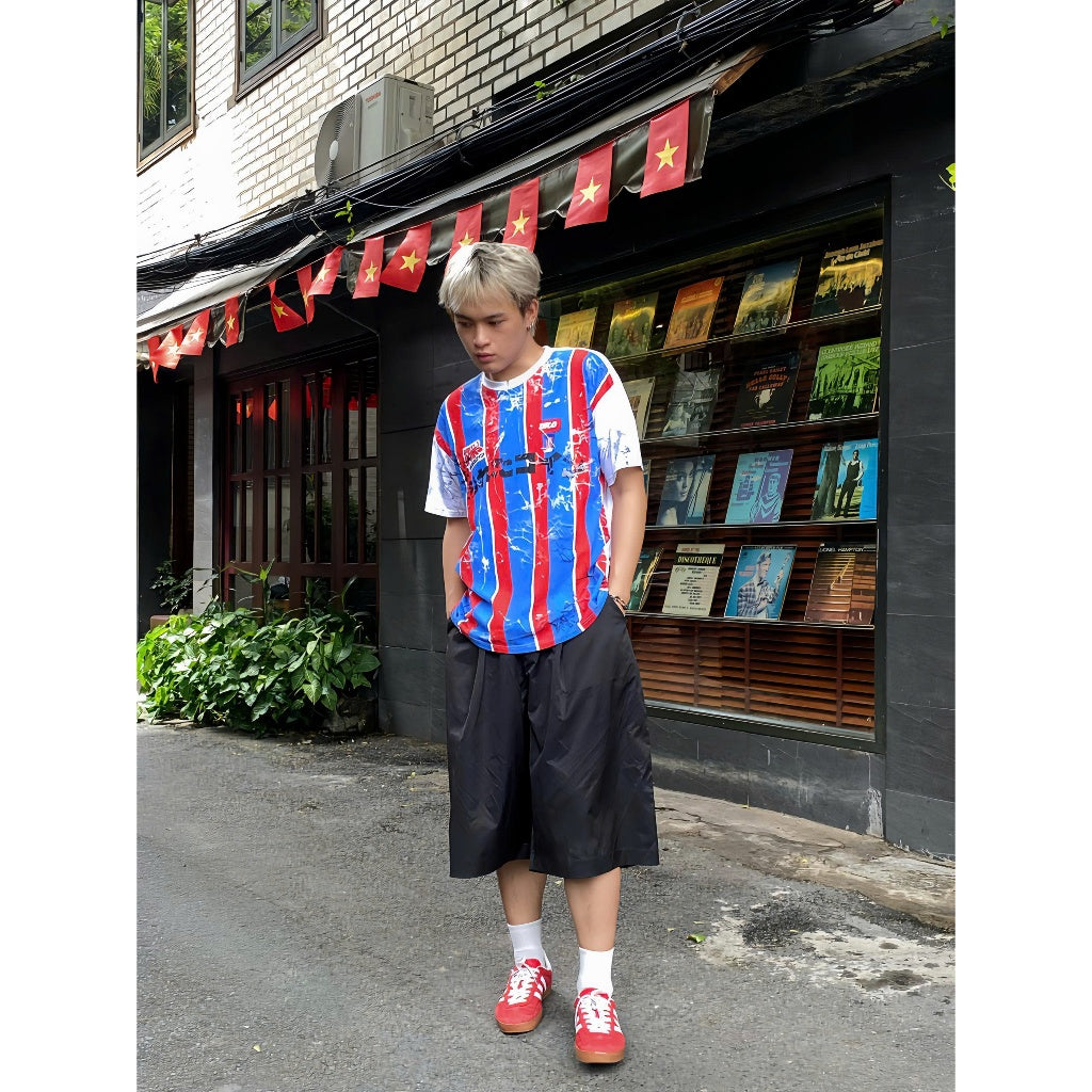 DirtyCoins Striped Destroy All Print Red Blue T-Shirt