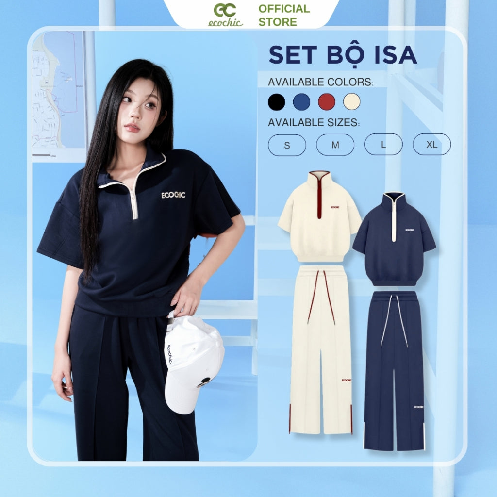 Set Bộ ISA ECOCHIC SET Áo Cổ Cao Tay Lửng Quần Dài Khóa Kéo Xẻ Tà Chất Liệu Ecozy Cao Cấp Chính Hãng B159