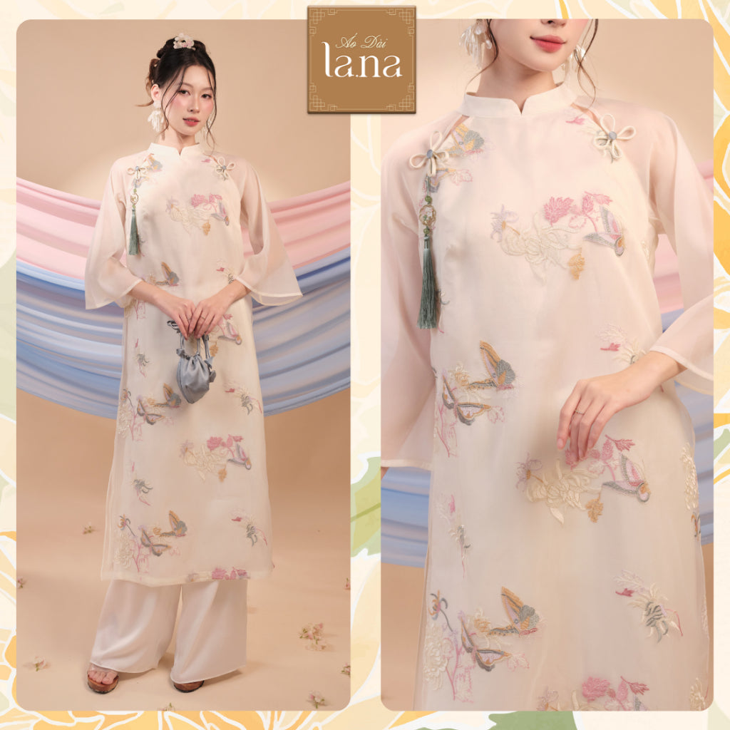 Phung Diep 4-panel modernized ao dai with glass silk and high-quality silk embroidered with delicate butterflies and flowers - SD375 LANA DESIGN