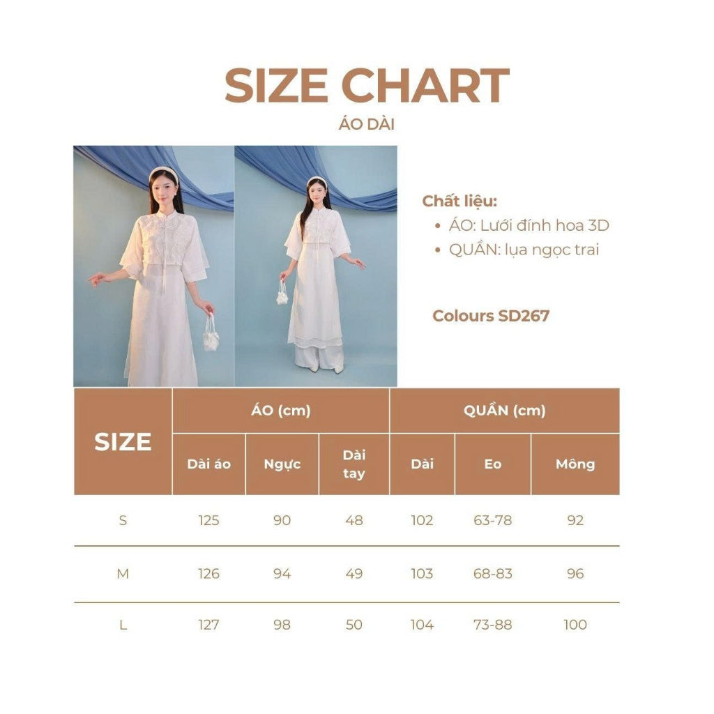 Bach Yen designed ao dai made of 3D floral silk combined with pearl silk, straight fit, half sleeves and pockets – SD267 LANA DESIGN