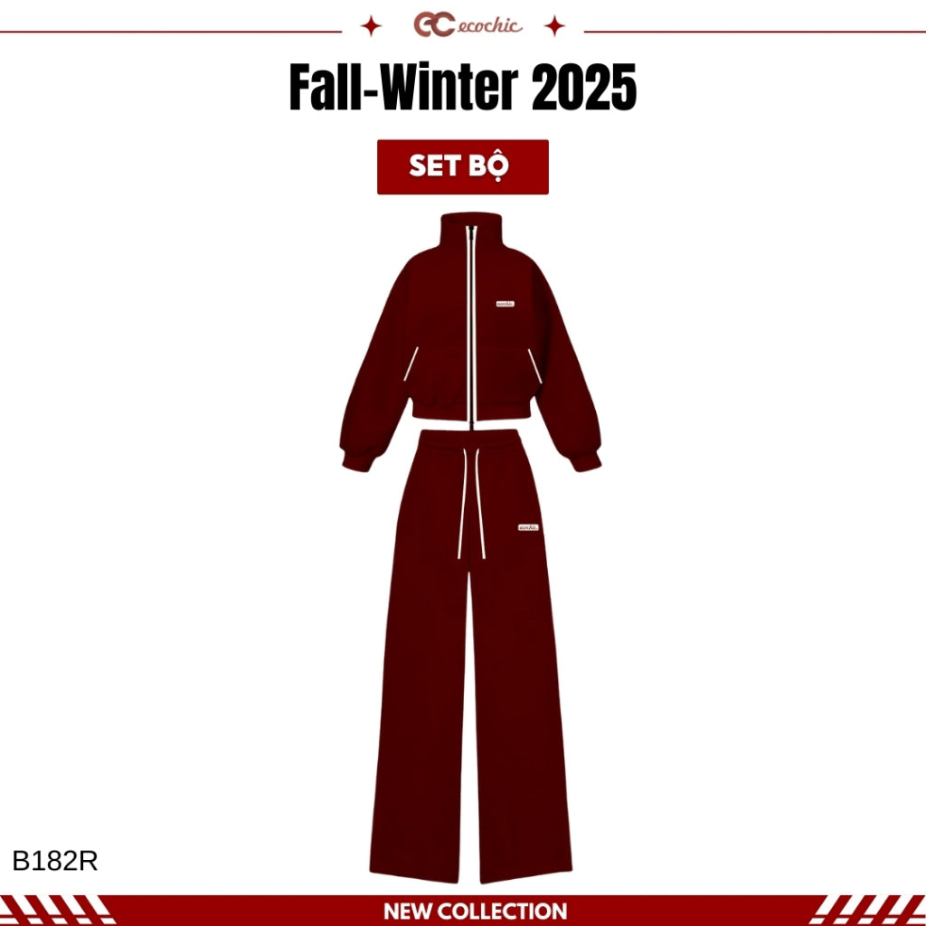 ECOCHIC AURORA GRACE Set 2-Way Zip Polo Shirt with High-Waisted Straight Pants, High Quality Genuine Material B182