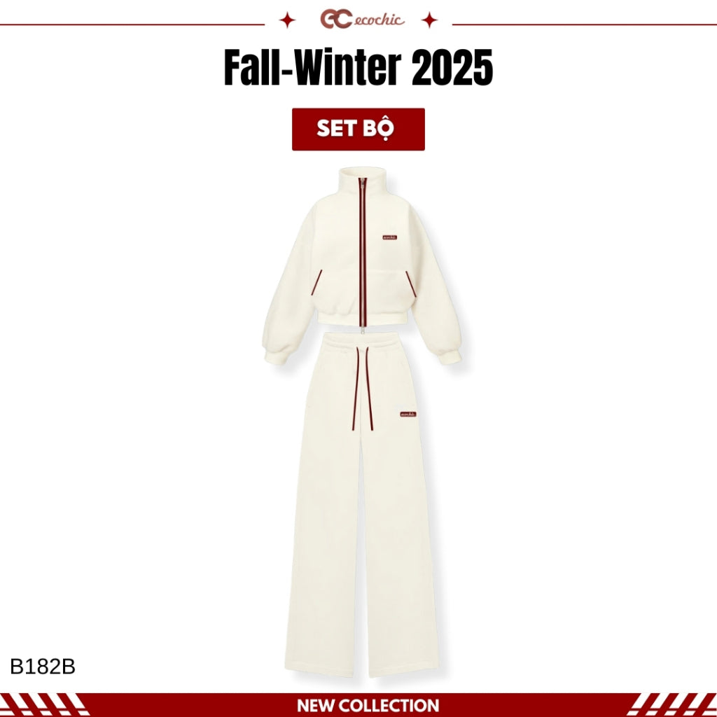 ECOCHIC AURORA GRACE Set 2-Way Zip Polo Shirt with High-Waisted Straight Pants, High Quality Genuine Material B182