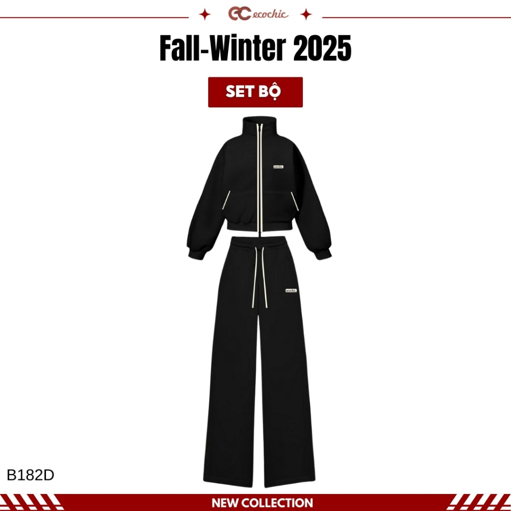 ECOCHIC AURORA GRACE Set 2-Way Zip Polo Shirt with High-Waisted Straight Pants, High Quality Genuine Material B182