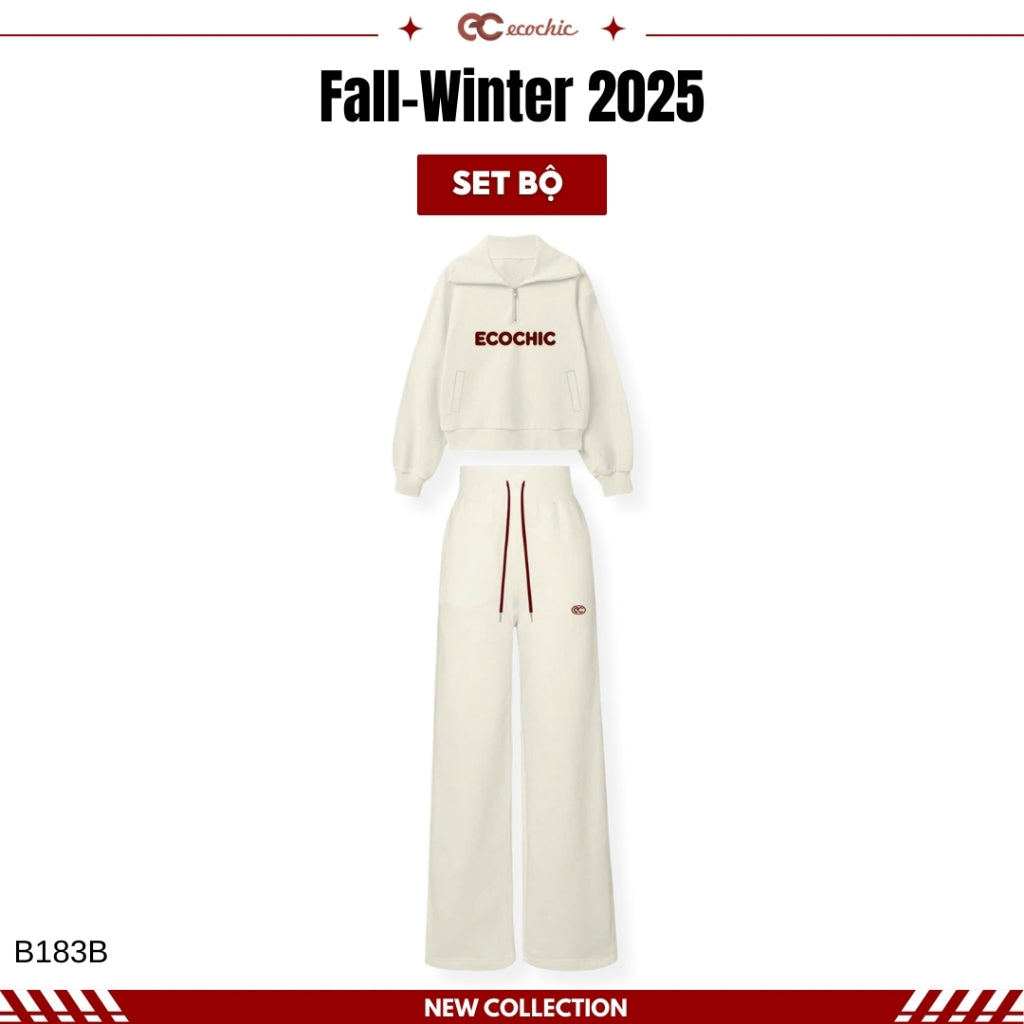 ECOCHIC COSMO SET Halfzip Collar Shirt with Embroidered Logo, High-Waisted Straight Pants, Genuine High-Quality Xaomi Fabric B183