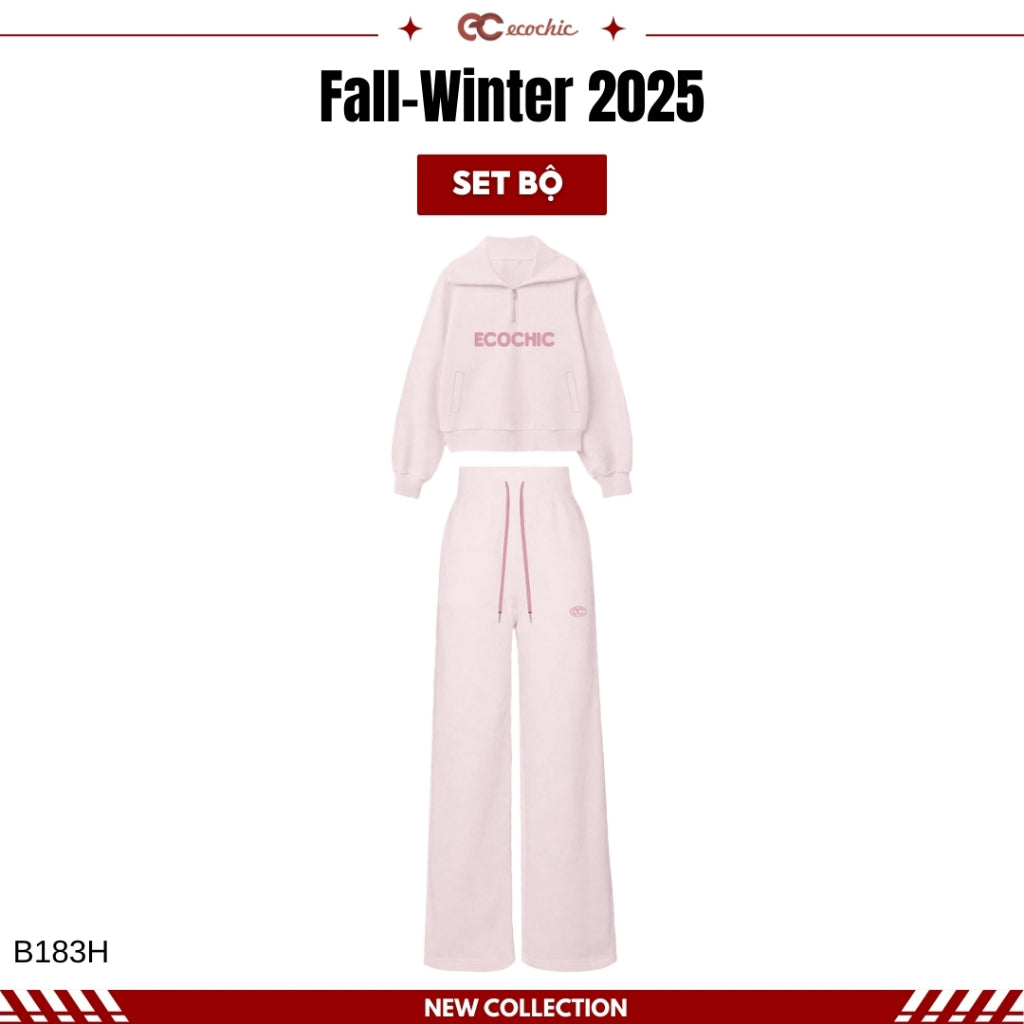 ECOCHIC COSMO SET Halfzip Collar Shirt with Embroidered Logo, High-Waisted Straight Pants, Genuine High-Quality Xaomi Fabric B183