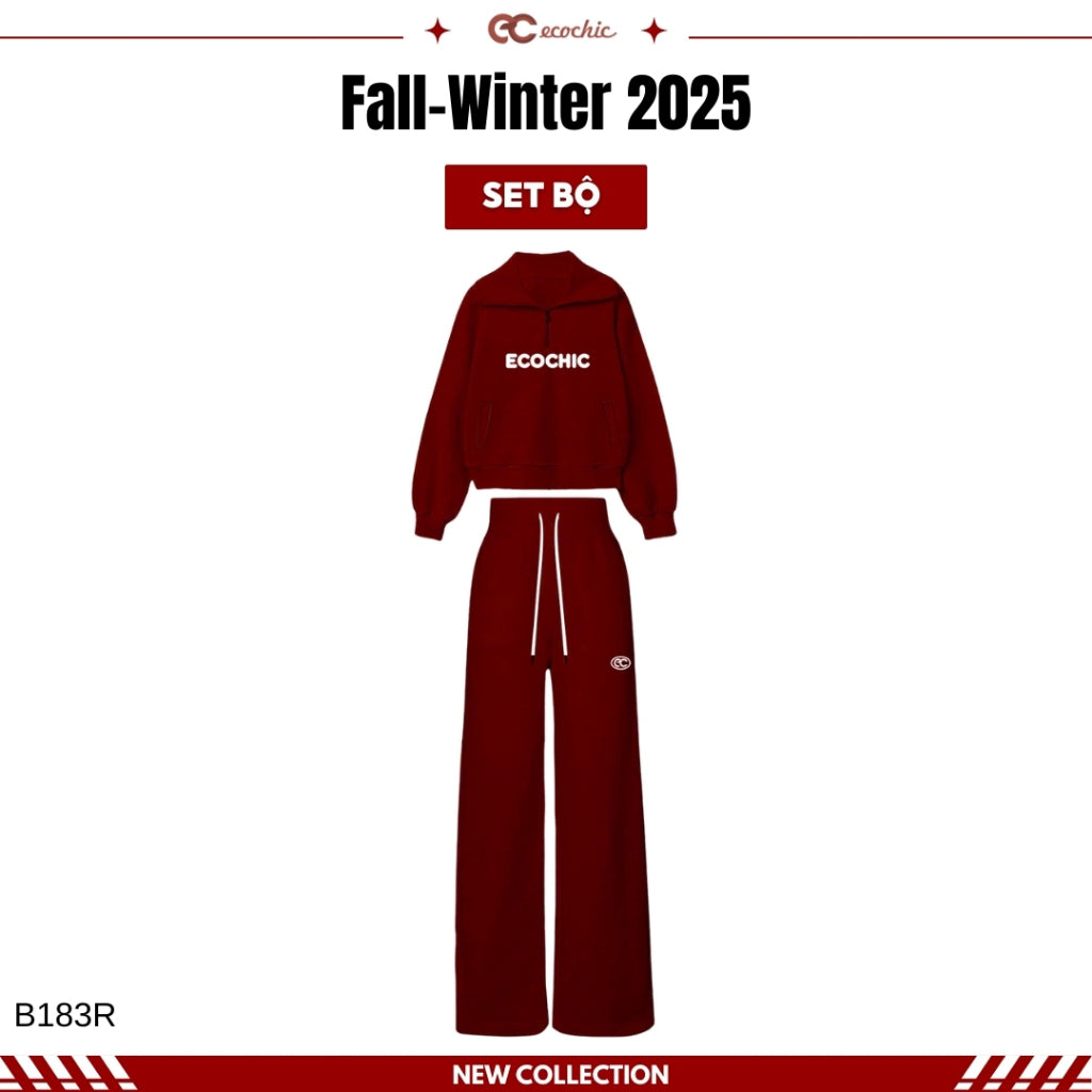 ECOCHIC COSMO SET Halfzip Collar Shirt with Embroidered Logo, High-Waisted Straight Pants, Genuine High-Quality Xaomi Fabric B183