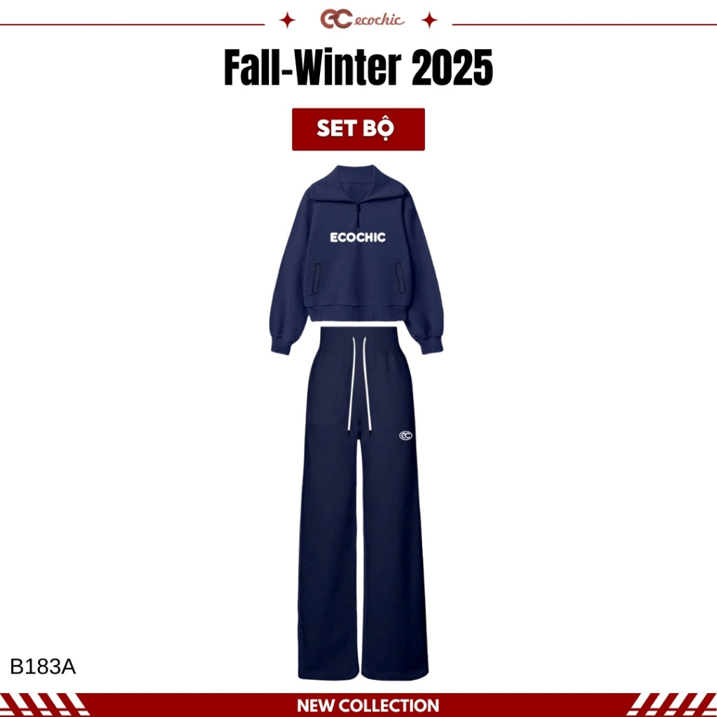 ECOCHIC COSMO SET Halfzip Collar Shirt with Embroidered Logo, High-Waisted Straight Pants, Genuine High-Quality Xaomi Fabric B183