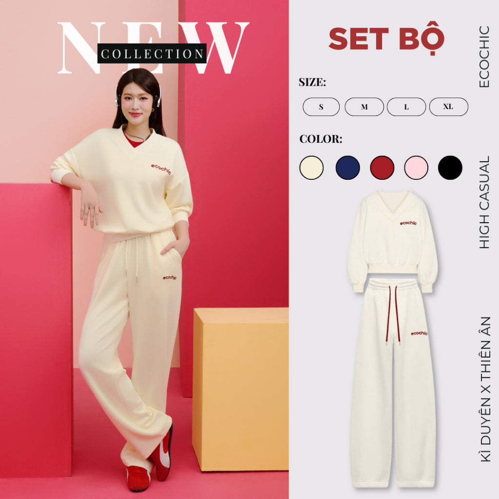 Set Bộ ECOCHIC SILENT LUXE Áo Cổ Tim Basic Quần Suông Cạp Cao Chất Liệu Vải Thun Cosy Sọc Cao Cấp Chính Hãng B184