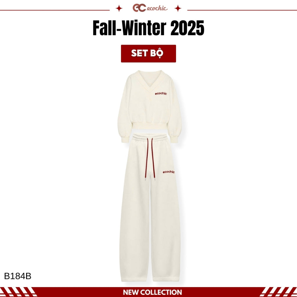 ECOCHIC SILENT LUXE Set Basic V-neck Shirt High-waisted Straight Pants Made of High-Quality Striped Cosy Elastic Fabric, Genuine B184