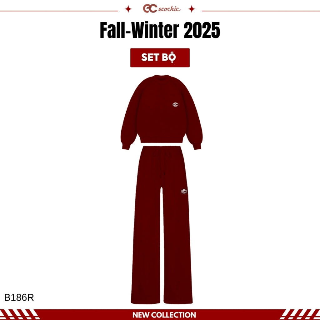 Set of ECOCHIC IVORY FROST Basic Sweater and Drawstring Straight Pants Made of High-Quality Genuine Double-Skin Fleece B186